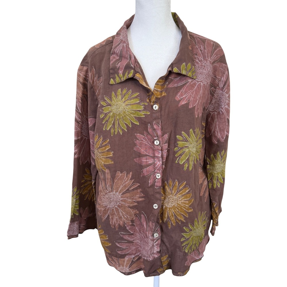 Fresh‎ Produce Linen Floral Button Down Shirt Brown Pink Yellow Made in USA M
